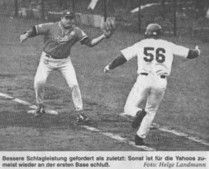 Bessere Schlagleistung gefordert als zuletzt: Sonst ist für die Yahoos zumeist wieder an der ersten Base Schluß. Foto: Helge Landmann