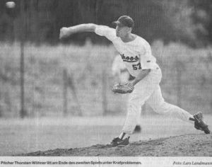 Pitcher Thorsten Wöhner litt am Ende des zweiten Spiels unter Kraftproblemen. Foto: Lars Landmann