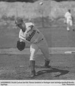 AUGENMASS: Dustin Carlson und die Yahoos landeten in Ratingen zwei wichtige Baseball-Bundesligasiege. Foto: Photowerk