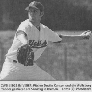 ZWEI SIEGE IM VISIER: Pitcher Dustin Carlson und die Wolfsburg Yahoos gastieren am Samstag in Bremen. Foto: Photowerk