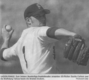 SAISON-FINALE: Zum letzten Bundesliga-Doubleheader erwarten US-Pitcher Dustin Carlson und die Wolfsburg Yahoos heute die Bremen Dockers. Photowerk (bb)
